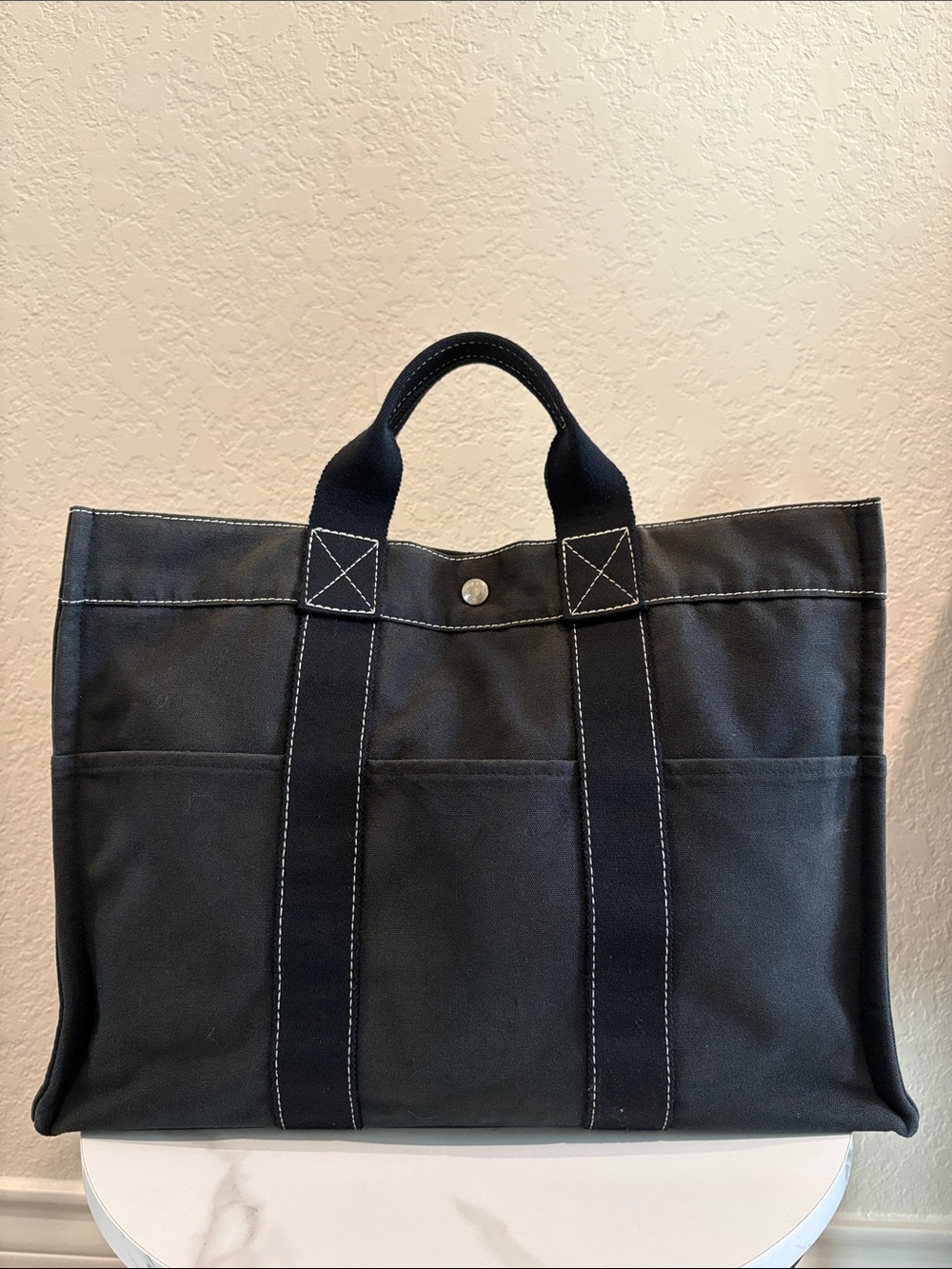 Hermes 12x17 ” Canvas Tote Unisex Black Handbag